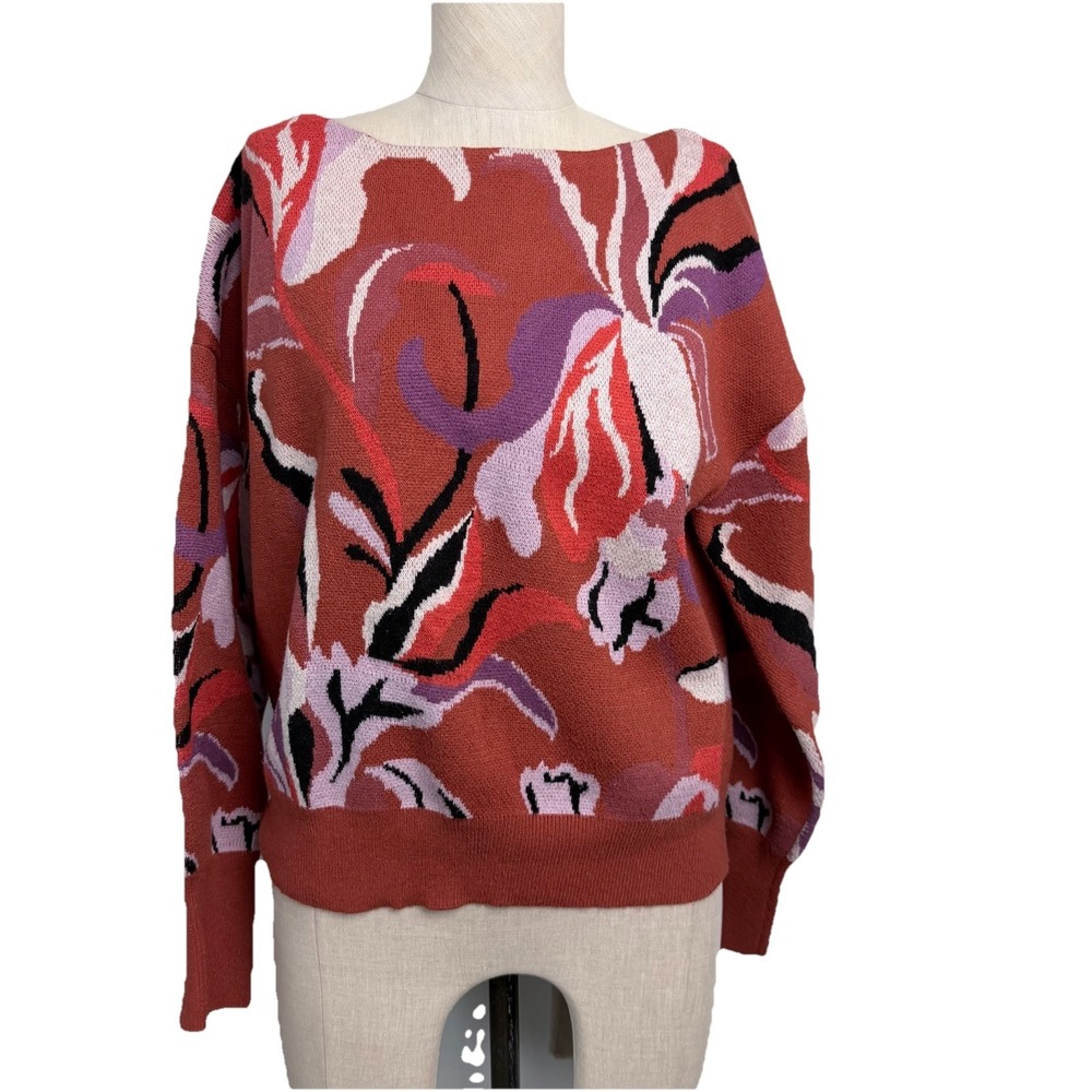 Maeve Anthropologie‎  Floral Knit Sweater Rust Purple Long Sleeve Pullover M